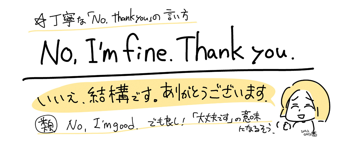 ※丁寧な「No,Thankyou」の言い方。 No,I`m fine.Thankyou.「いいえ結構です。ありがとうございます」 No,I`m Good.でも良し！「大丈夫です」の意味になるそう。